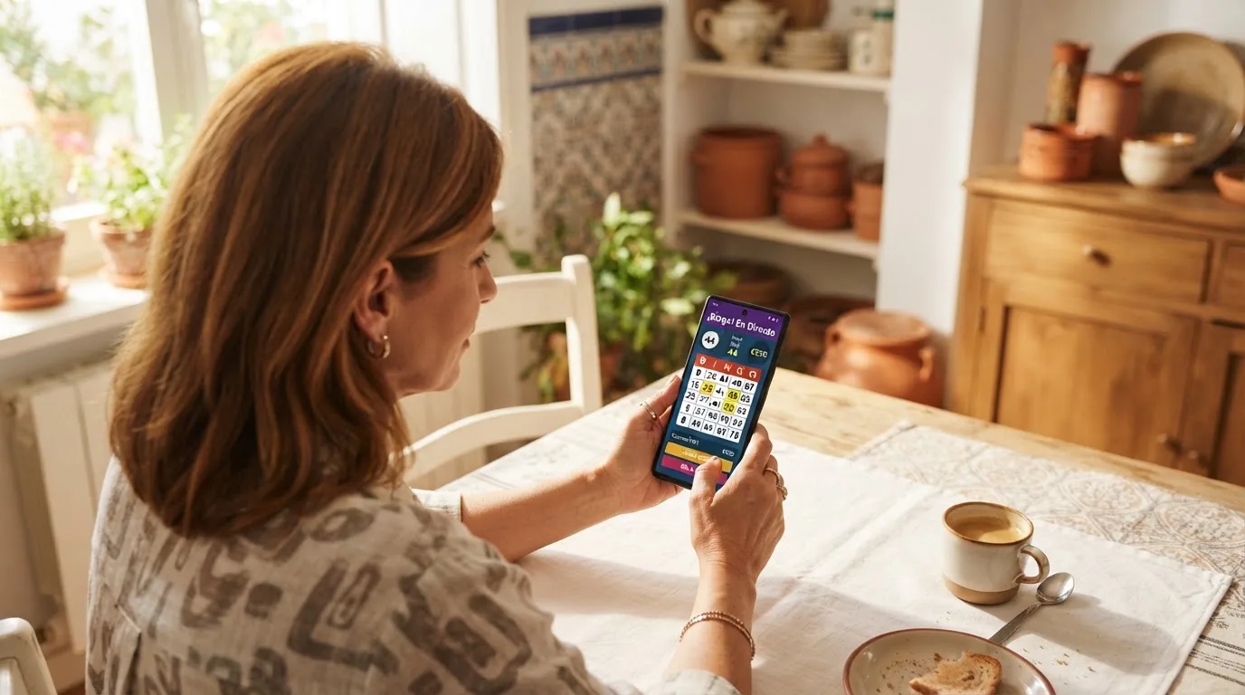 Mujer adulta sonríe mientras sostiene un teléfono móvil sentada en la cocina de su casa por la mañana.