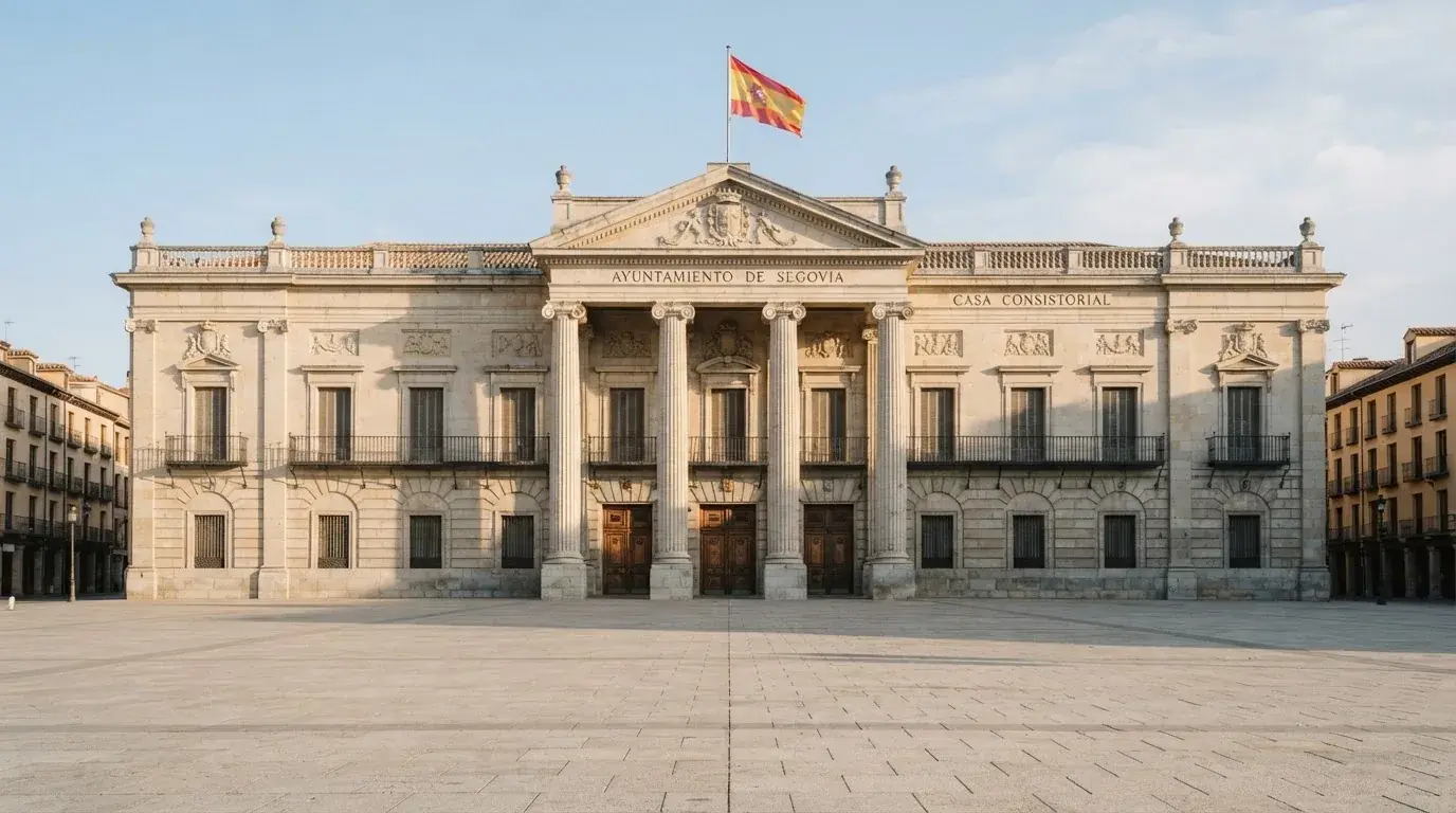 Fachada clásica de un edificio administrativo con una bandera ondeando y una plaza vacía al frente.