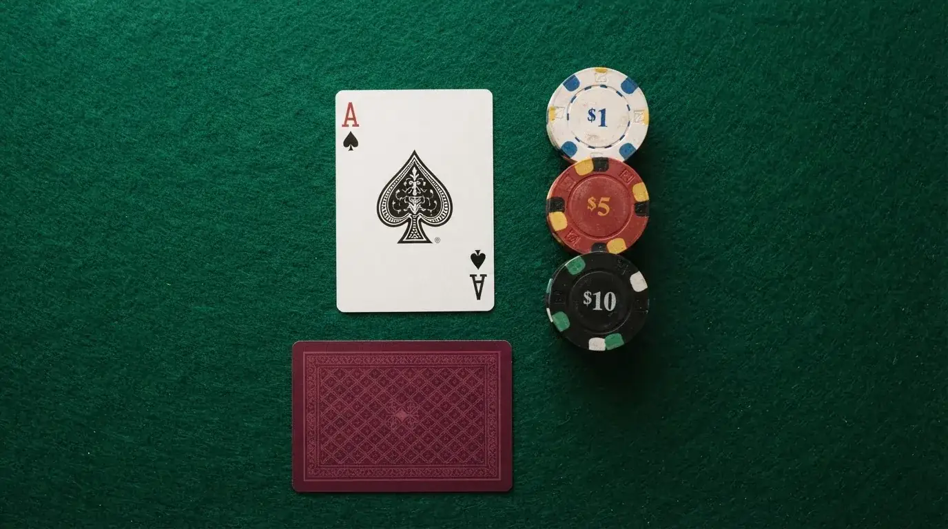 Vista cenital de una baraja de cartas y fichas de casino apiladas sobre una mesa de fieltro verde.