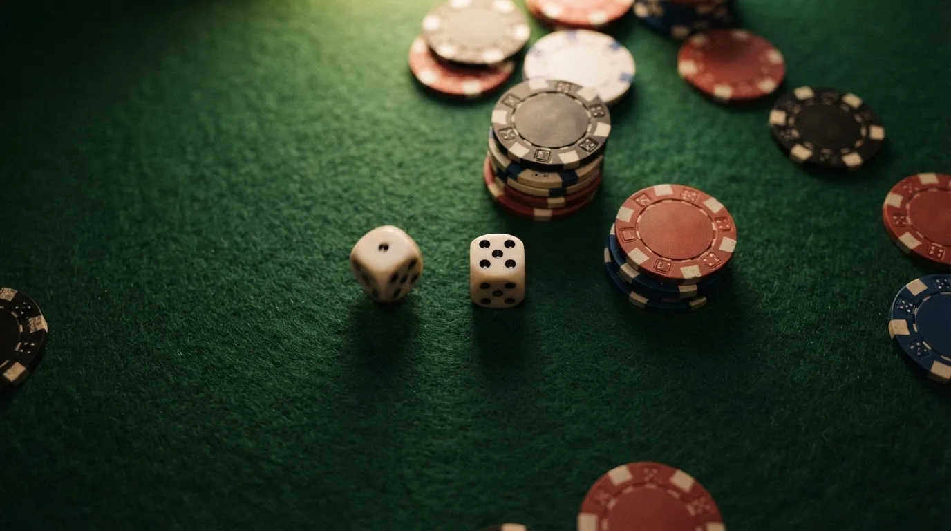 Vista cenital de fichas de casino y dados sobre una mesa de fieltro verde bajo luz suave.