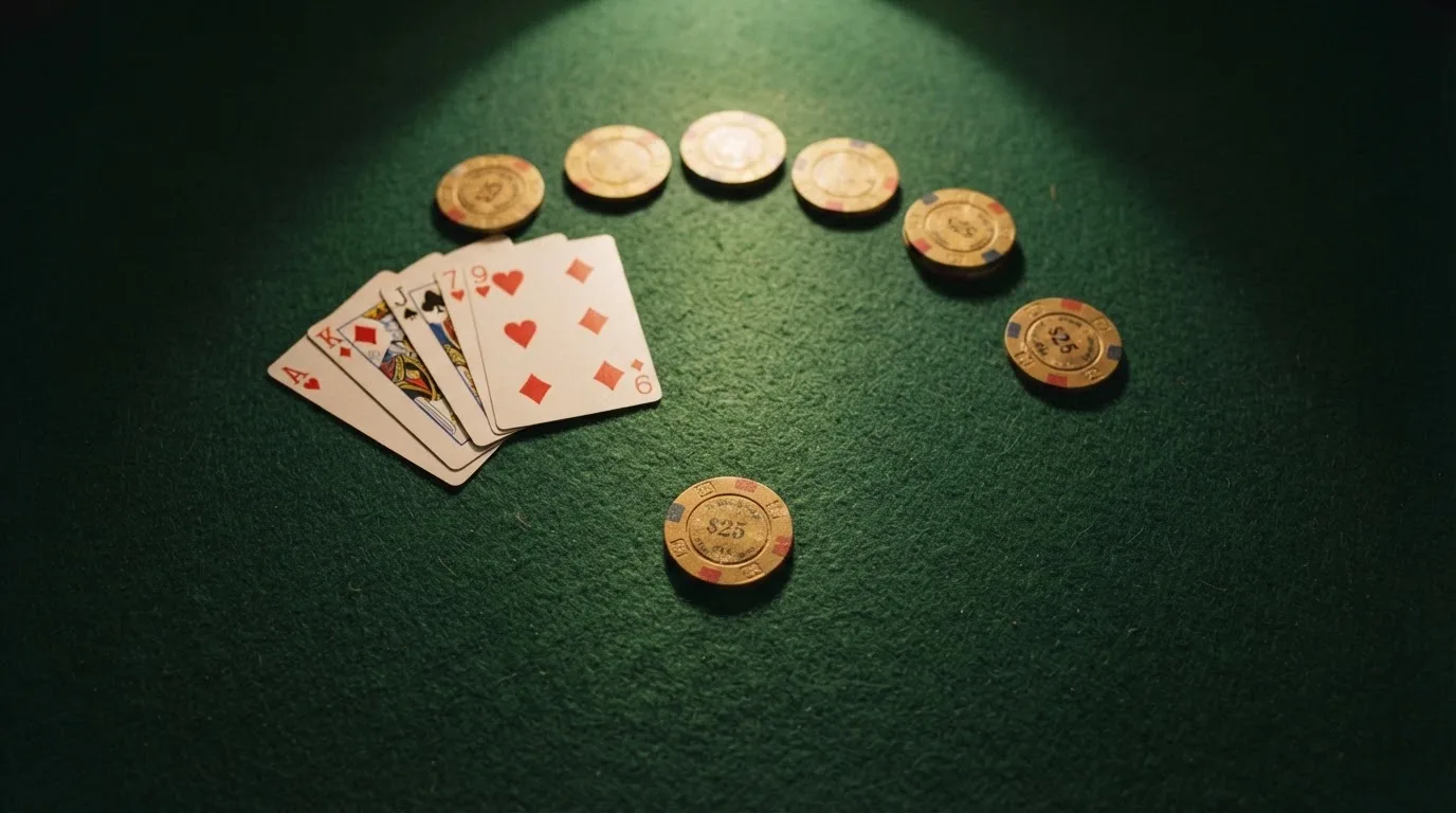 Vista cenital de fichas doradas y una baraja de cartas sobre una mesa de fieltro verde.