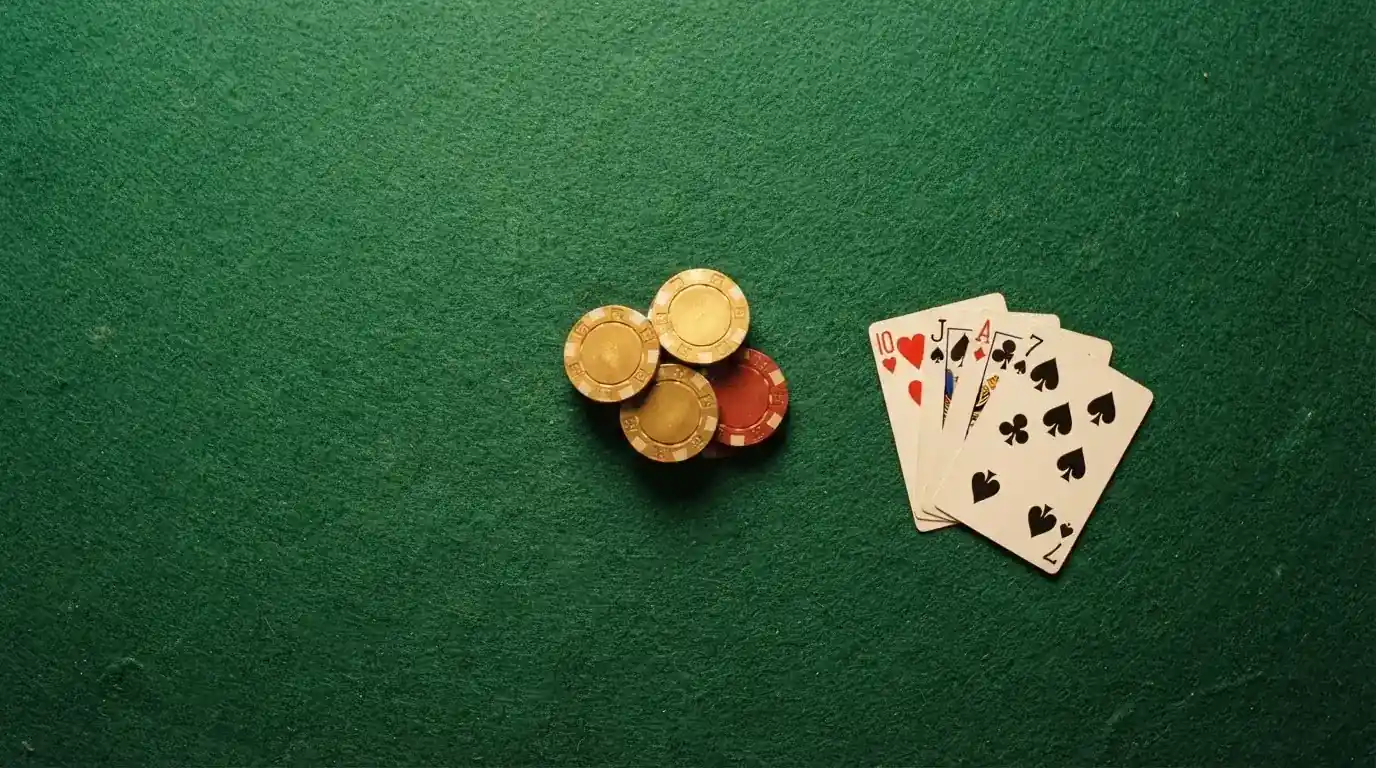 Vista cenital de fichas doradas y una baraja de cartas sobre una mesa de fieltro verde.