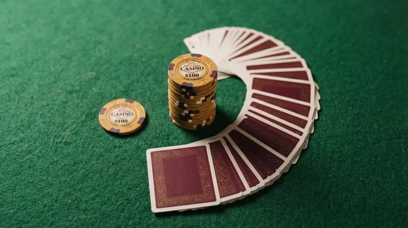 Vista cenital de fichas doradas y una baraja de cartas sobre una mesa de fieltro verde.