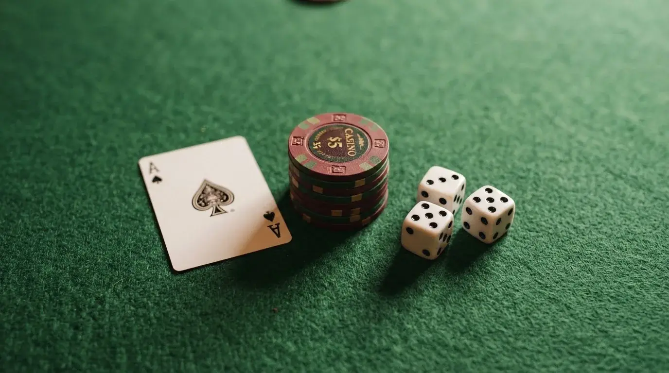 Vista cenital de fichas de casino y dados sobre una mesa de fieltro verde bajo luz suave.