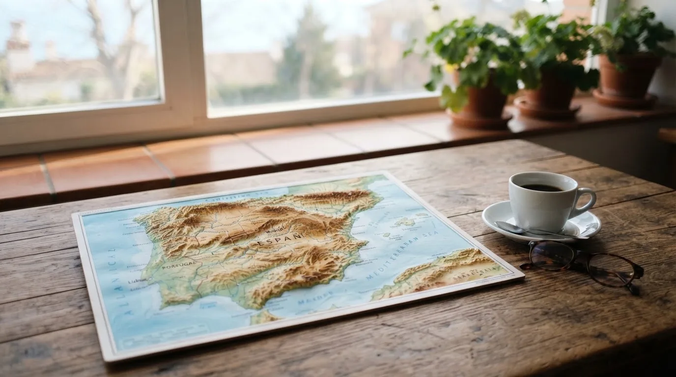 Un mapa físico de España sobre una mesa de madera junto a una taza de café y unas gafas, con luz natural entrando por una ventana.