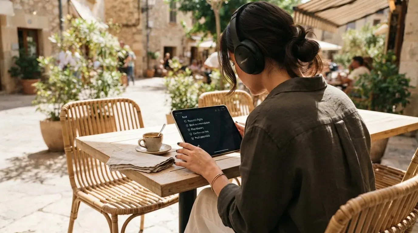 Una persona con auriculares revisa una lista en una tableta apoyada sobre una mesa de café en una terraza soleada.