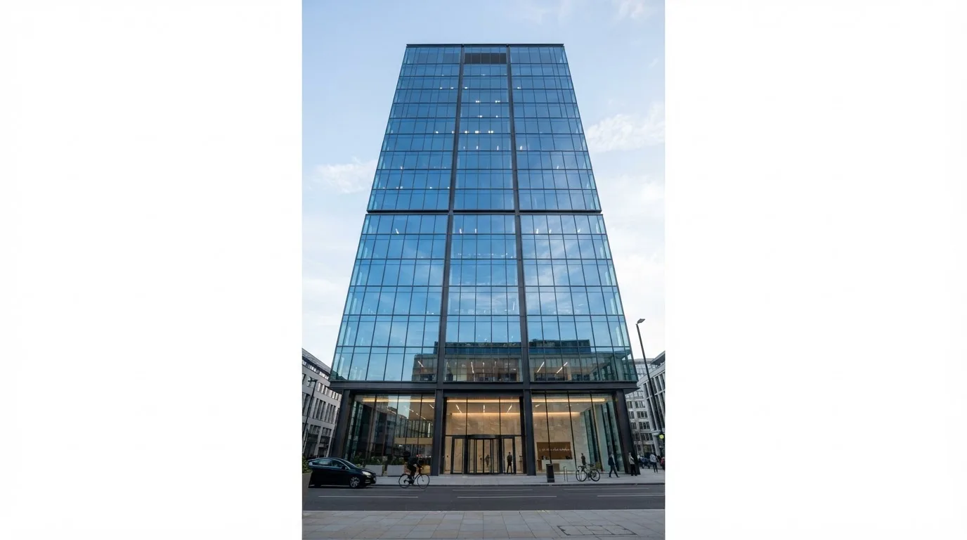 Un edificio de oficinas con fachada de cristal reflejando el cielo, fotografiado desde la acera de una calle ancha.