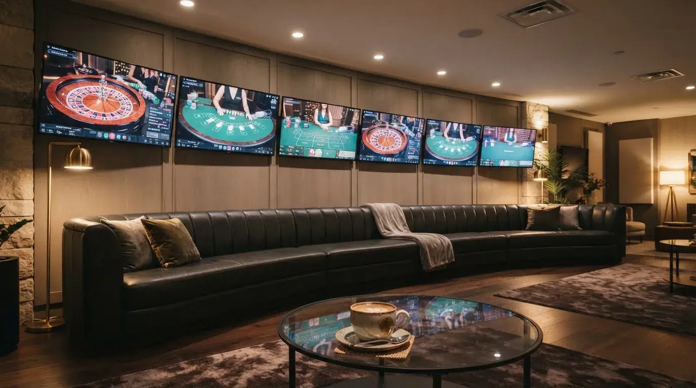 Fotografía de un salón de casino moderno con pantallas de transmisión en directo y sillones cómodos, ambiente cálido y profesional.
