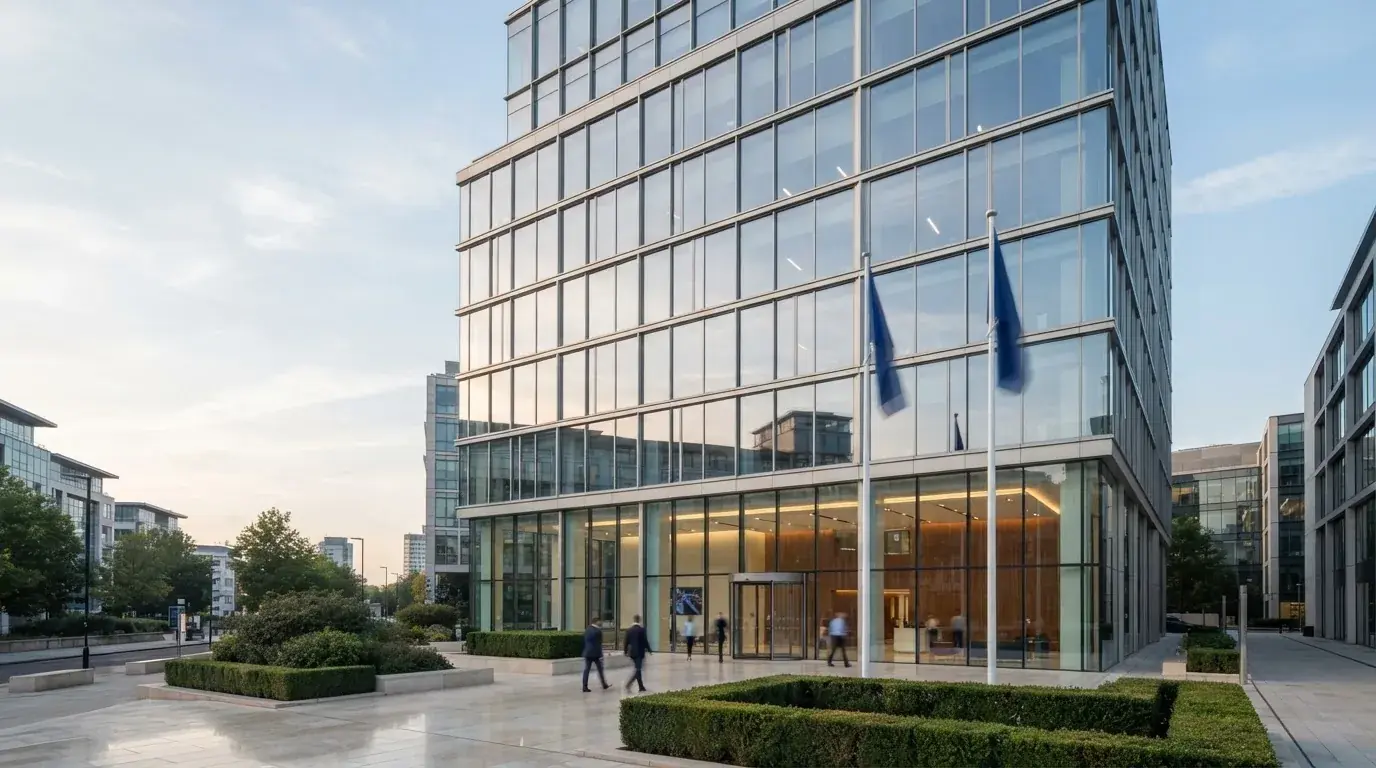 Fotografía de un edificio de oficinas corporativas con fachada de cristal, simbolizando la regulación y la supervisión del sector del juego.