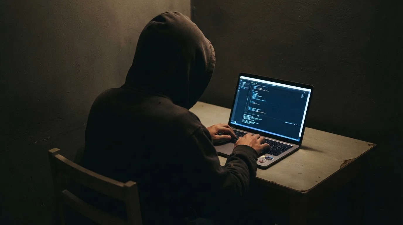 Fotografía de una persona con capucha usando un portátil en una habitación oscura, transmitiendo la idea de anonimato en línea.