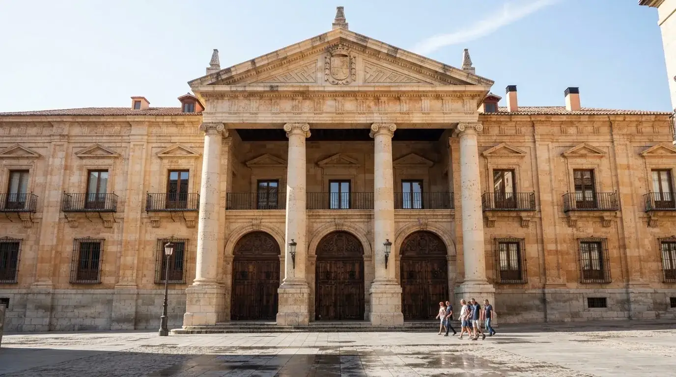 Fotografía de la fachada de un edificio institucional español con columnas clásicas bajo un cielo despejado.