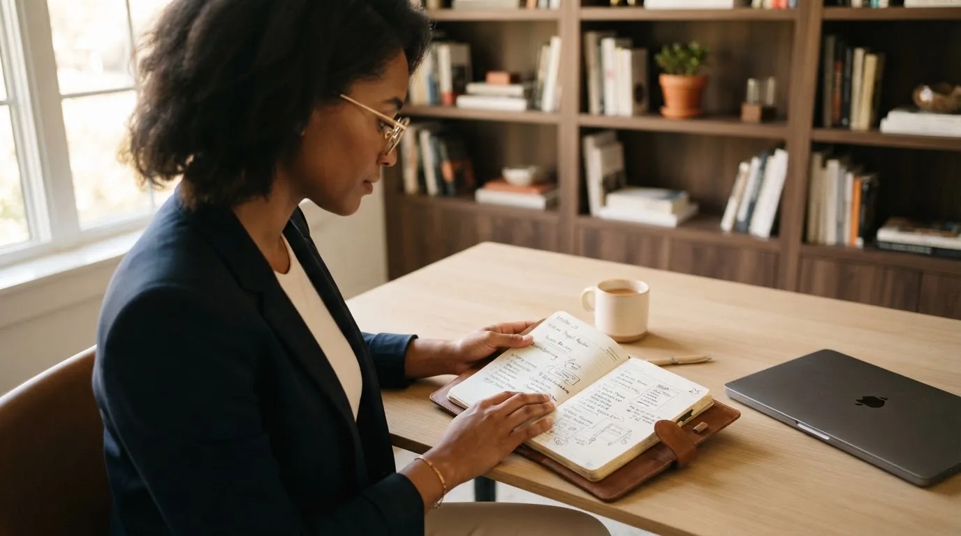 Una mujer con gafas revisa su agenda en un escritorio de oficina moderna con estanterías al fondo.