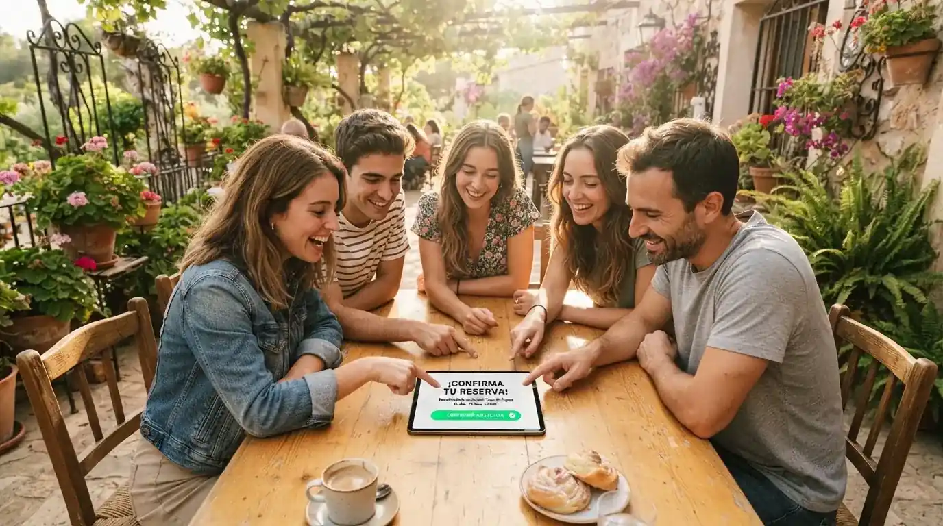 Un grupo de amigos revisa algo en una tableta sobre una mesa de madera en una terraza al aire libre.