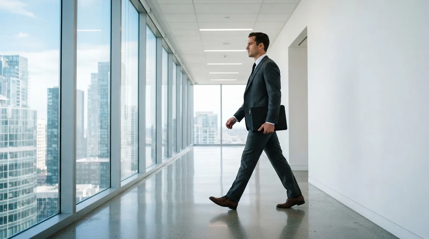 Un hombre con traje camina por el pasillo de un edificio de oficinas moderno con grandes ventanales.