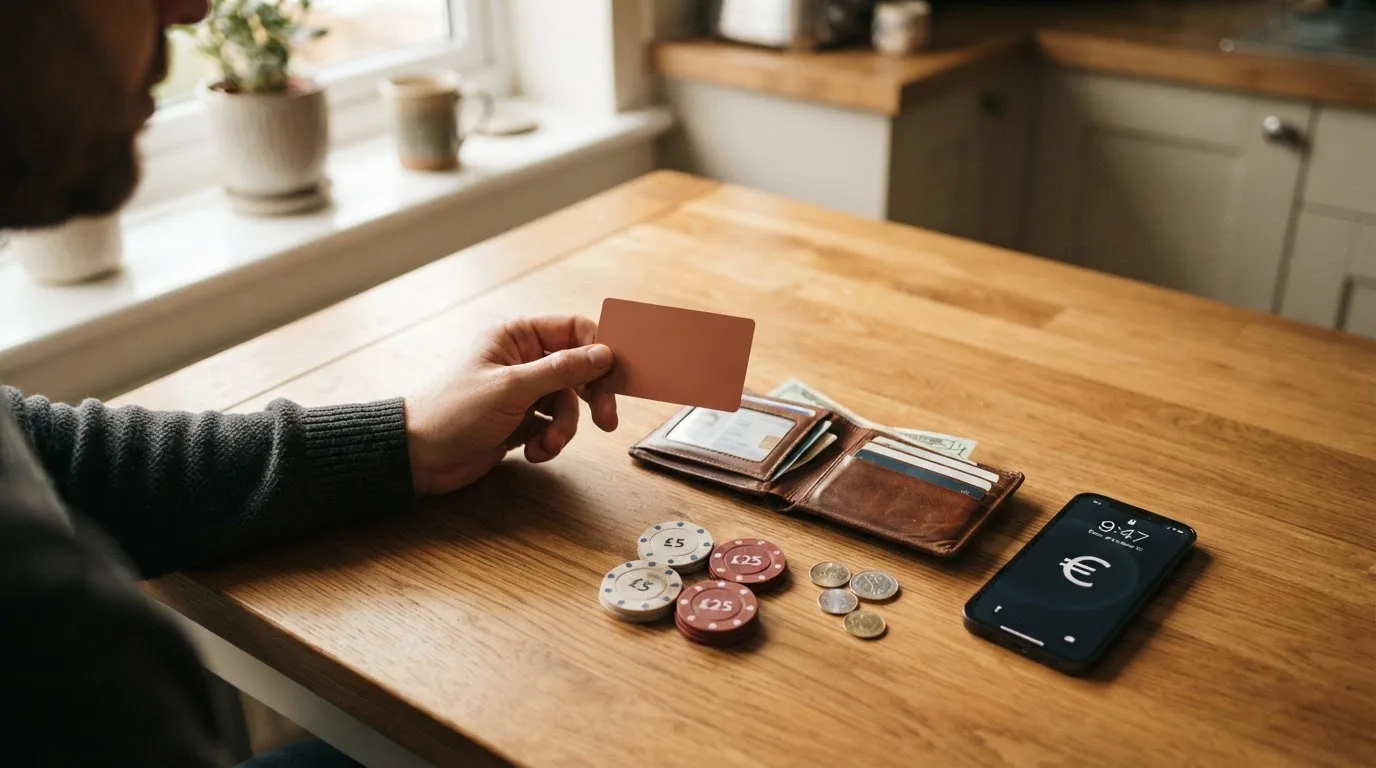 Un hombre revisa su cartera con tarjetas y monedas sobre una mesa de madera en casa.