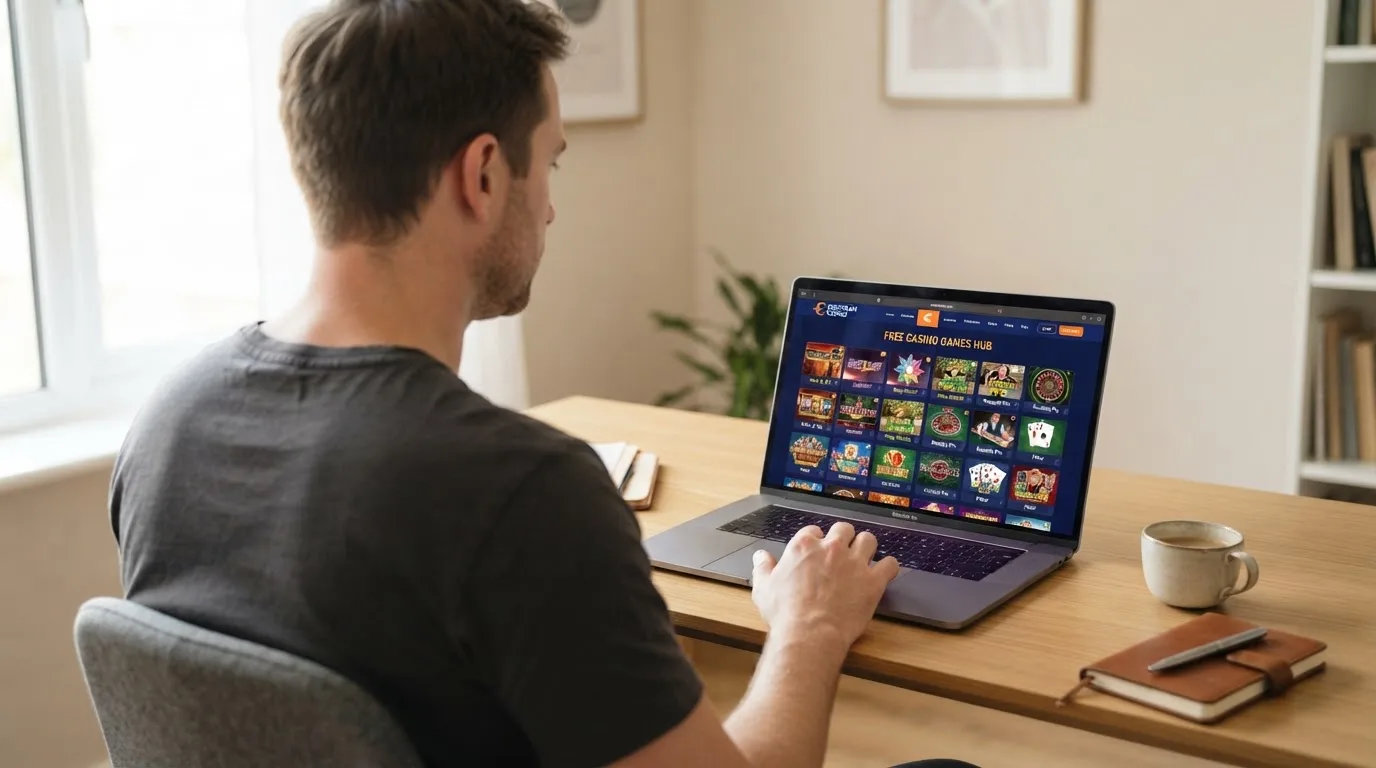 Un hombre explora distintos juegos gratuitos de casino en la pantalla de su ordenador portátil, sentado en su escritorio.