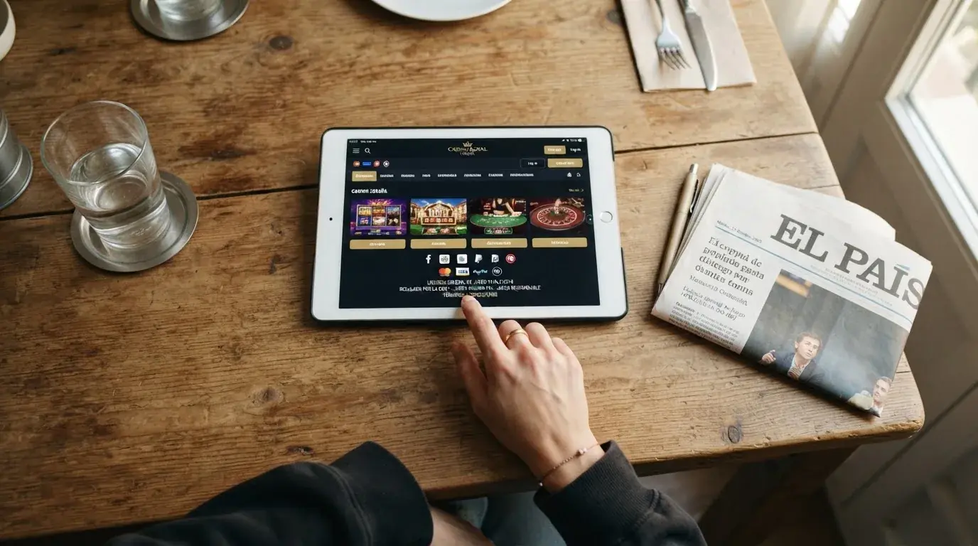 Una mujer comprueba la licencia de un casino en el pie de página de la web desde la pantalla de su tableta.