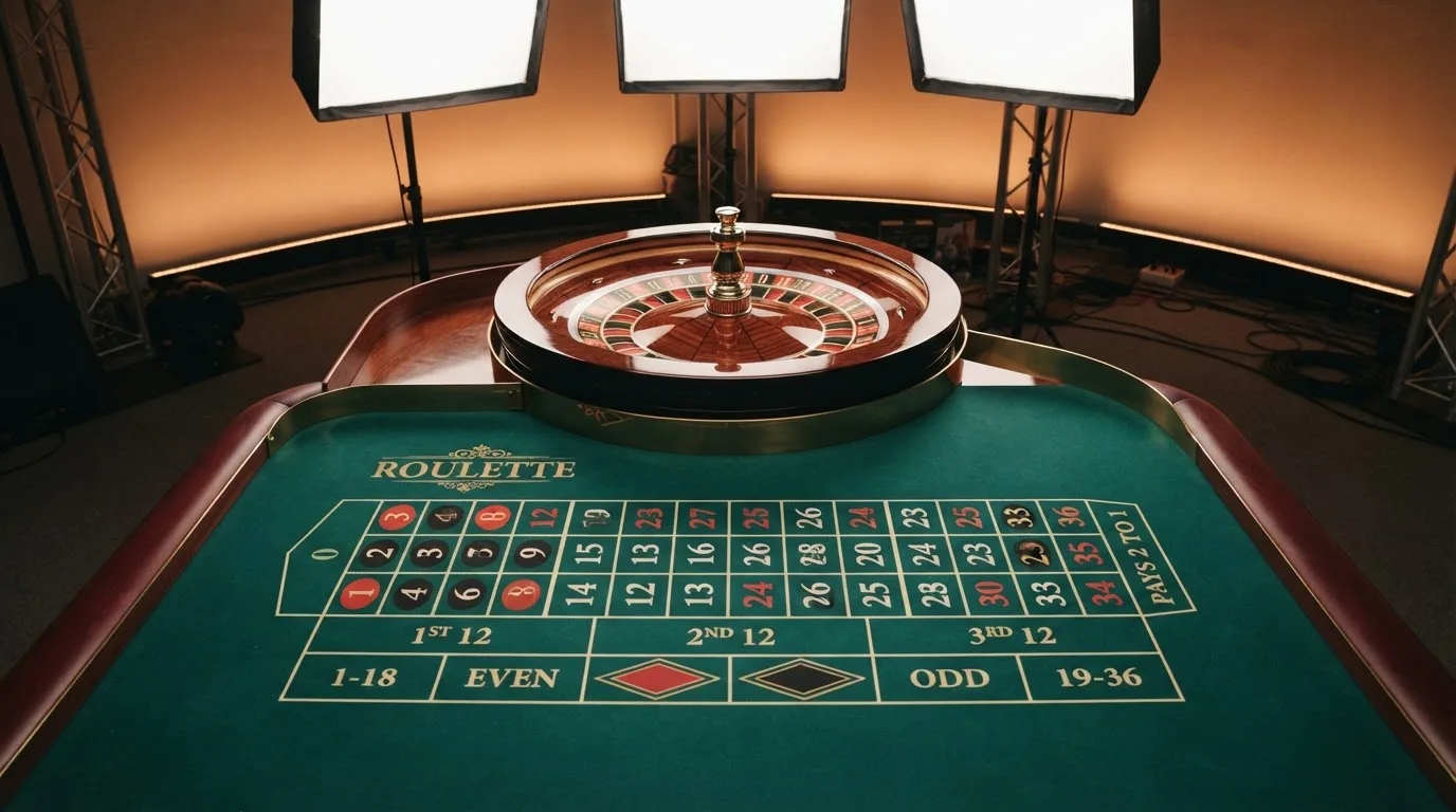 Una mesa de ruleta en vivo vacía momentos antes de empezar la retransmisión, con luces de estudio profesional encendidas.