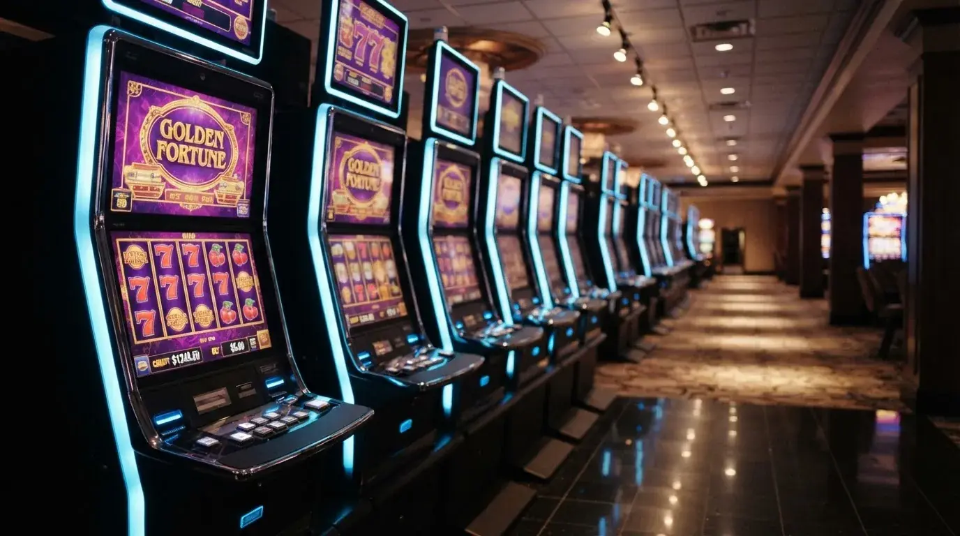 Una hilera de máquinas tragaperras modernas con luces de colores encendidas, fotografiada en un pasillo de casino vacío.