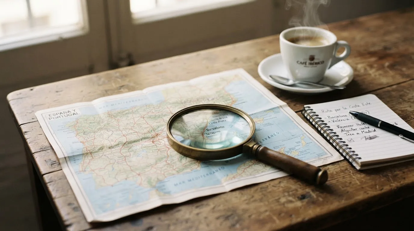 Una lupa sobre un mapa de España colocado en un escritorio de madera junto a una taza de café humeante.