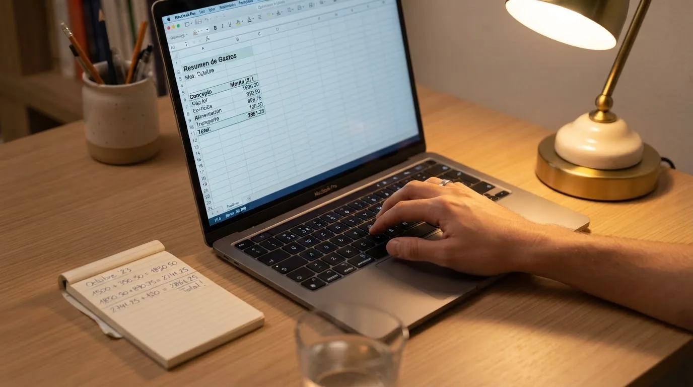 Primer plano de unas manos escribiendo en el teclado de un portátil sobre un escritorio ordenado con una lámpara encendida.