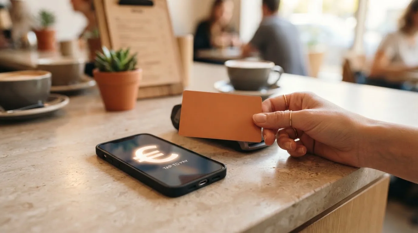 Mano sosteniendo una tarjeta bancaria junto a un teléfono móvil sobre un mostrador de una cafetería moderna.
